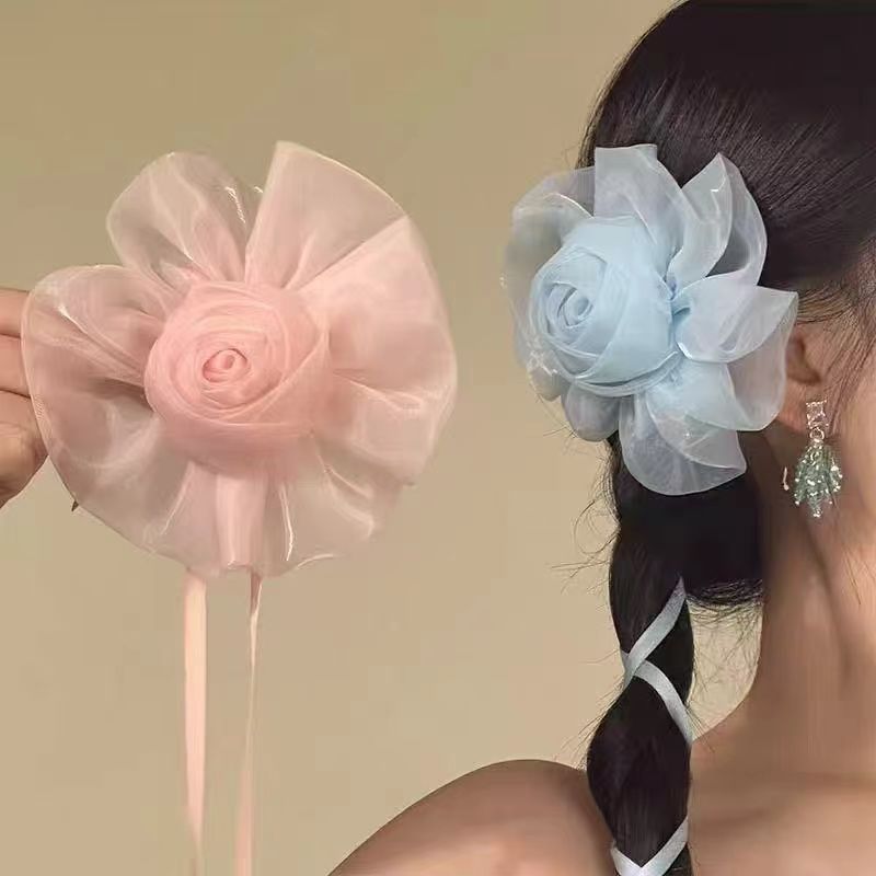 高颜值唯美欧根发夹飘带气质简约轻纱玫瑰花甜美新款头饰发夹发饰