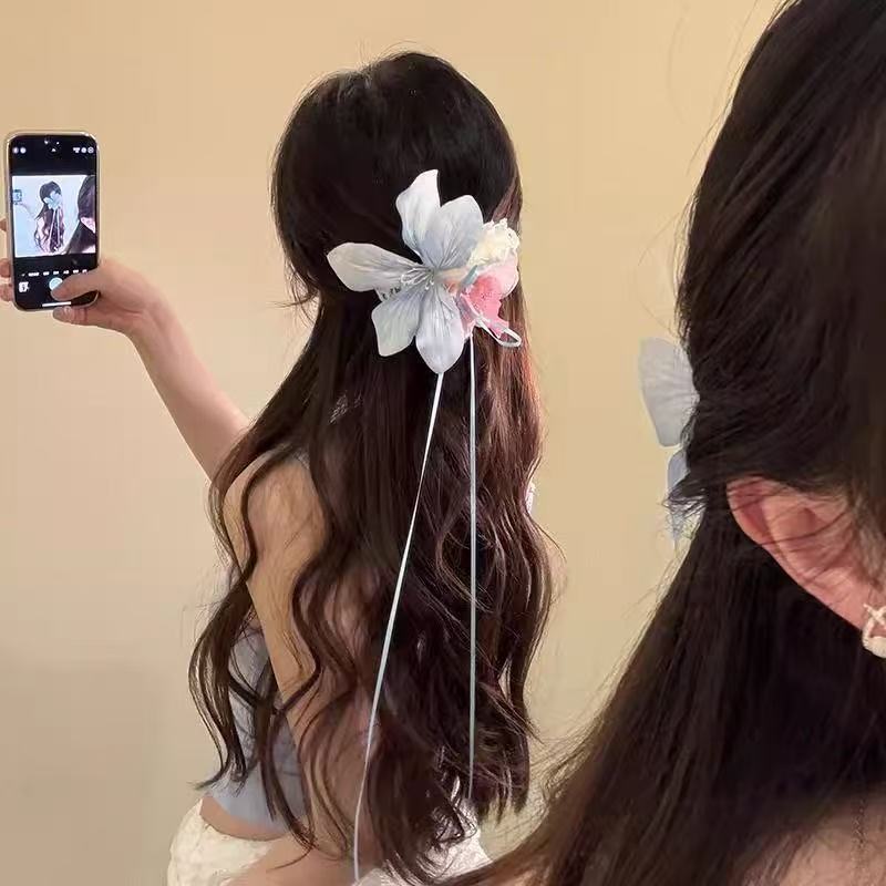 2025新款高颜值甜美氛围感花朵发夹仿真百合花飘带鸭嘴夹发饰发卡
