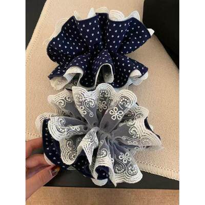 复古藏青波点蕾丝四层大肠发圈