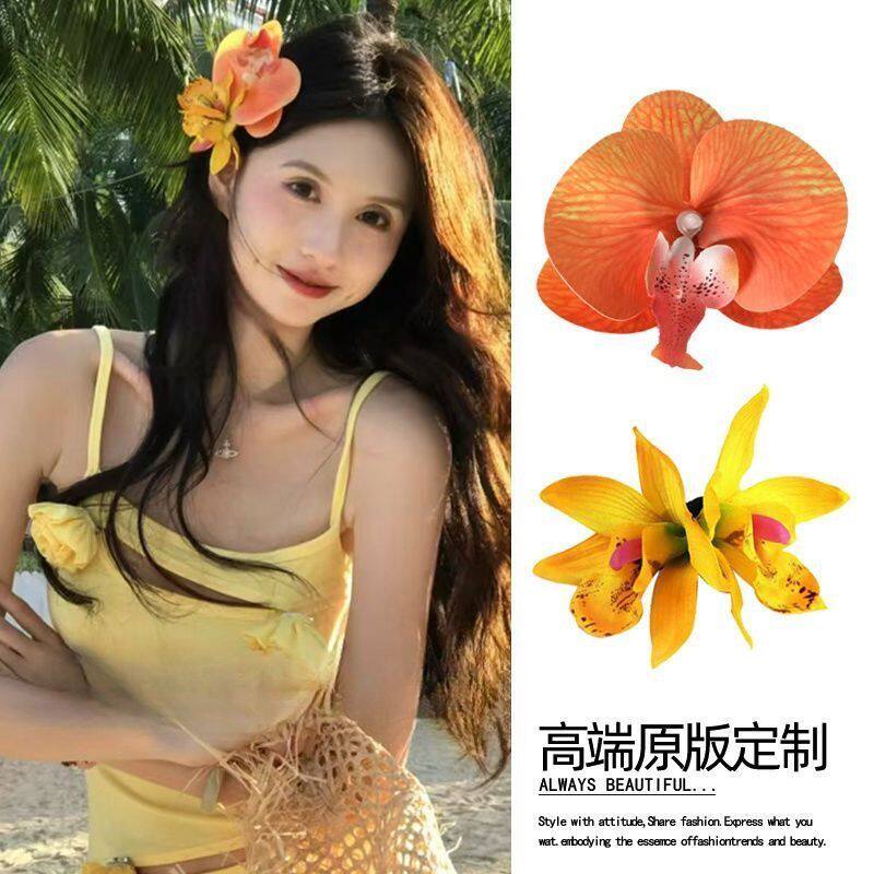 夏日桔黄色蝴蝶兰发夹侧边假花头花仿真花朵发卡夹子头饰唯美发饰图片