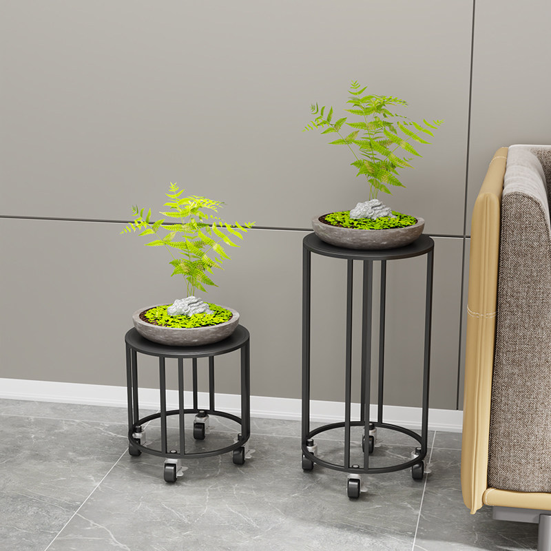 简约落地式d客厅圆形铁艺花架 地面特大号花盆架带轮可移动置物架