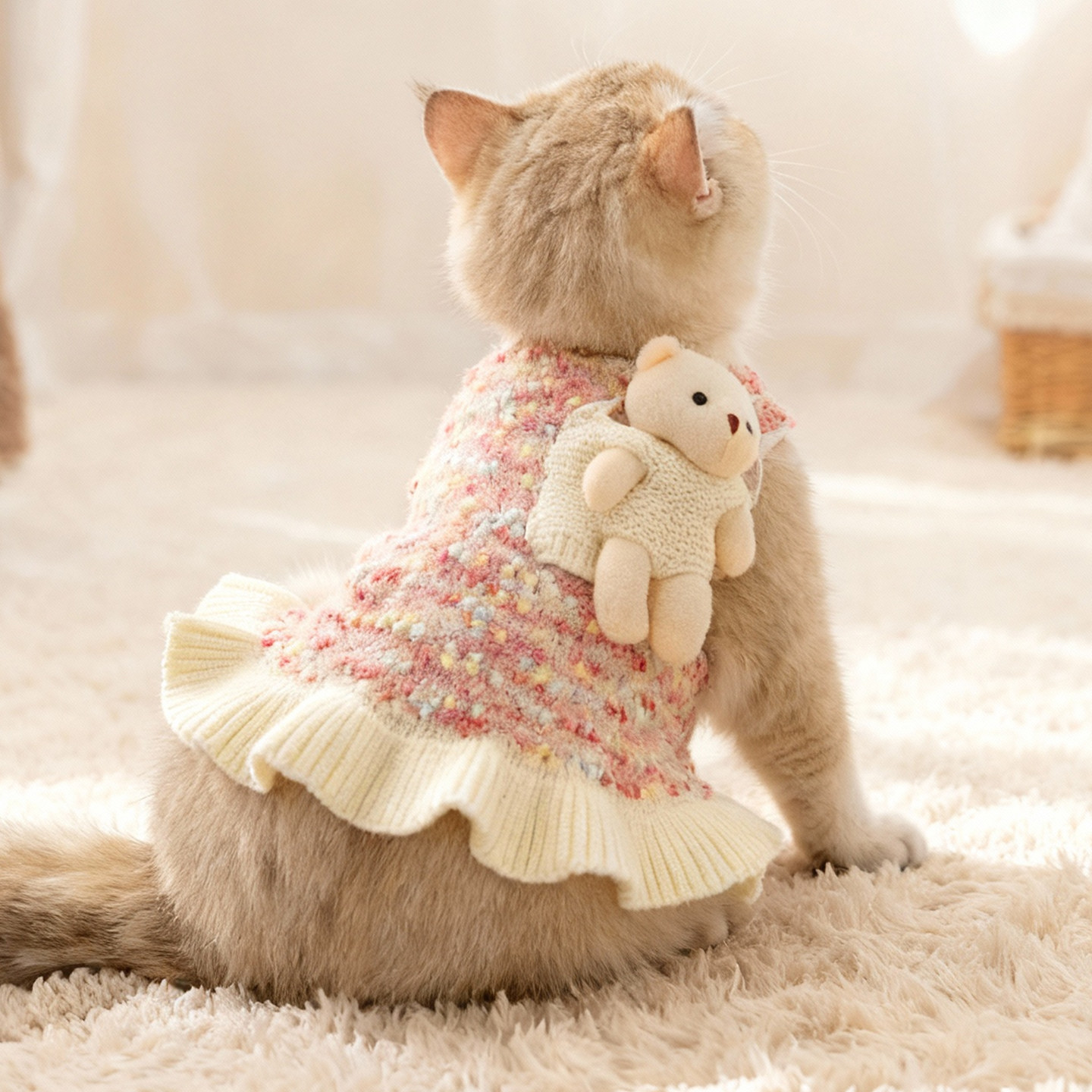 猫咪衣服秋冬款手工编织猫咪连衣裙毛衣小熊挂件荷叶边宠物服装