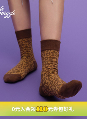 wigglewiggle26年时尚韩国潮搭满印豹纹中筒百搭无骨运动袜子女