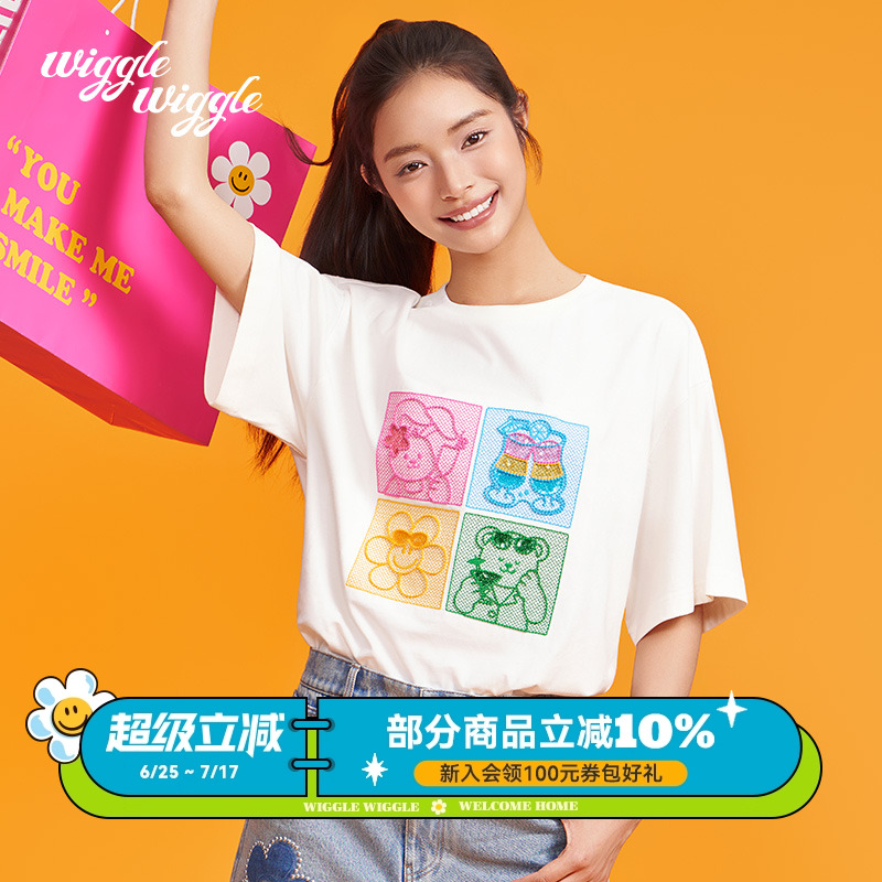 wigglewiggle25年夏潮流立体印花宽松圆领短袖上衣T恤