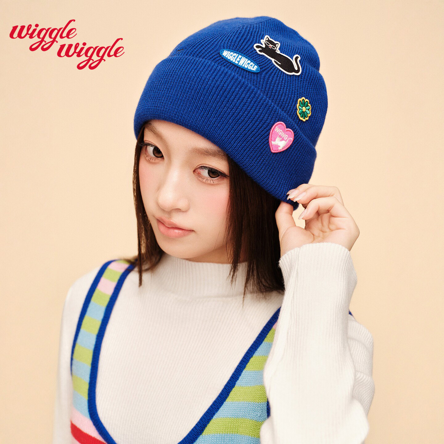 wigglewiggle26新品经典翻边冷帽潮流活泼百搭ip刺绣保暖毛线帽