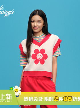wigglewiggle26年韩国笑脸花个性时尚出街撞色针织马甲背心女装
