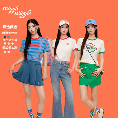 wigglewiggle26年夏季新款复古时尚休闲印花短款撞色短袖T恤女