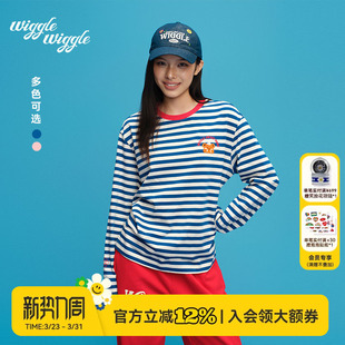 wigglewiggle26年春秋韩版 条纹拼色小熊印花气质圆领T恤 舒适经典