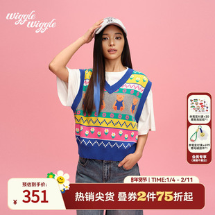 wigglewiggle26年春秋韩系时尚个性可爱小熊舒适针织背心马甲女款