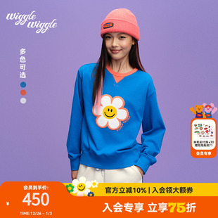 笑脸花舒适宽松撞色圆领卫衣 wigglewiggle25年秋个性 限时75折