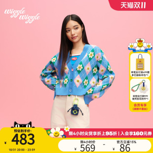 wigglewiggle25年韩国经典 上衣女 笑脸花小香风甜酷减龄毛衣开衫