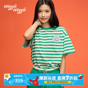 条纹笑脸花宽松短袖 wigglewiggle25年夏季 T恤女圆领上衣多巴胺