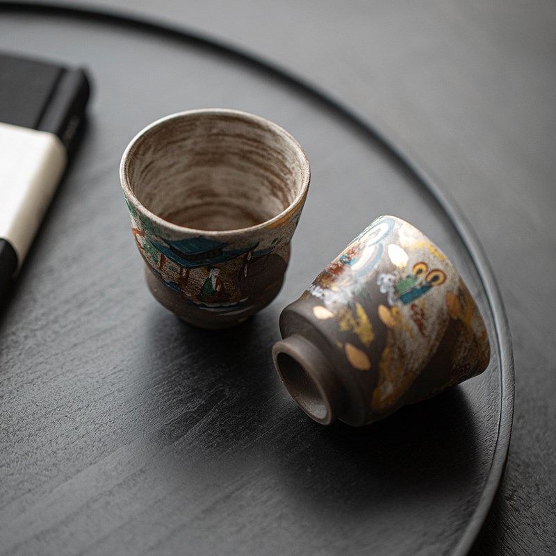 柴烧茶杯手e绘敦煌经变图高端岩矿粉引主人全手工功夫品茗杯单杯