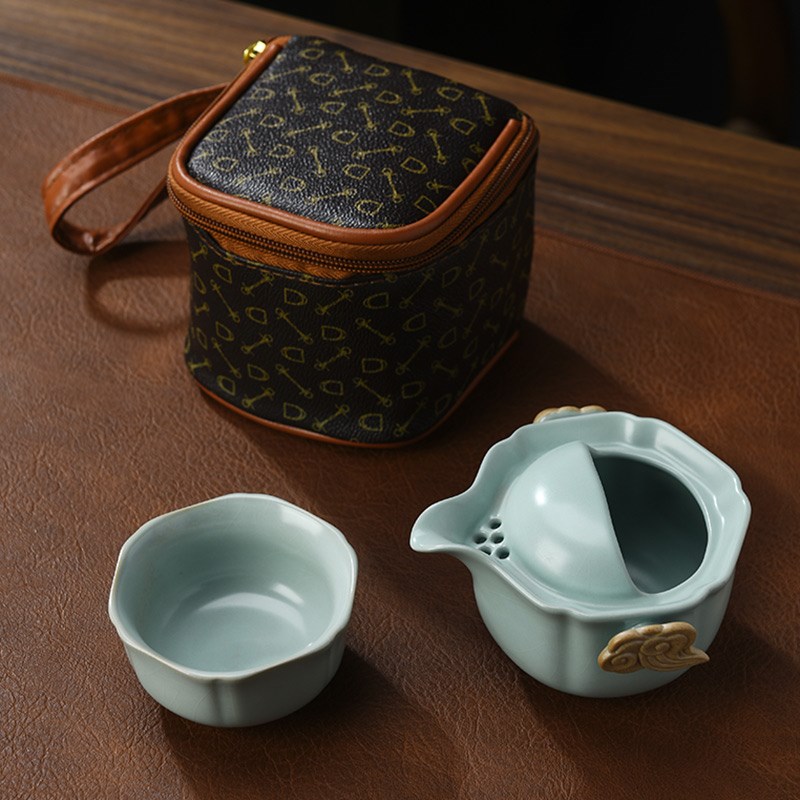 恒缘汝窑快客杯便携包旅行功夫茶具套装开片汝P瓷随身泡大号手抓