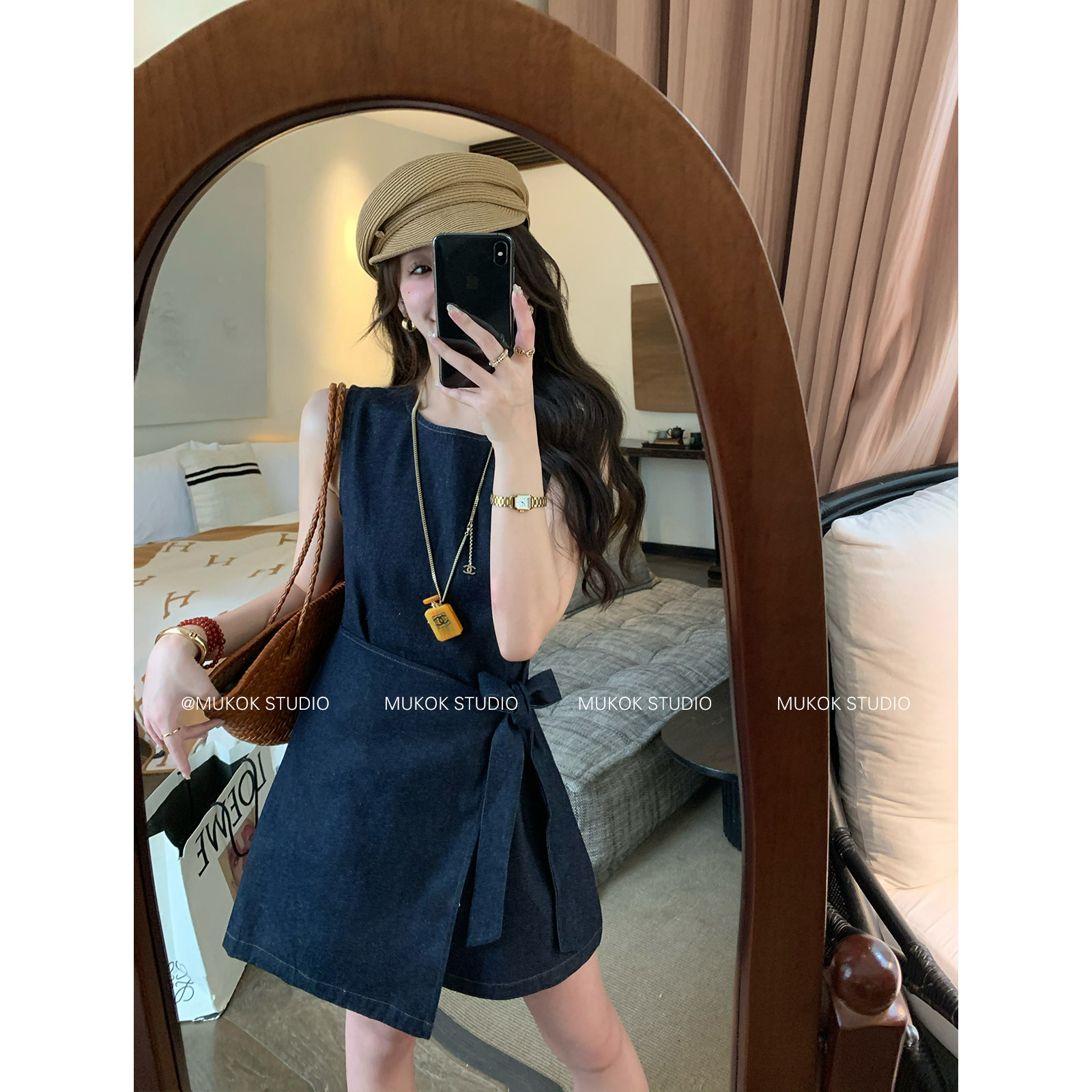 MUKOK日系大女主~设计感小众无袖 牛仔连衣裙修身显瘦不规则短裙