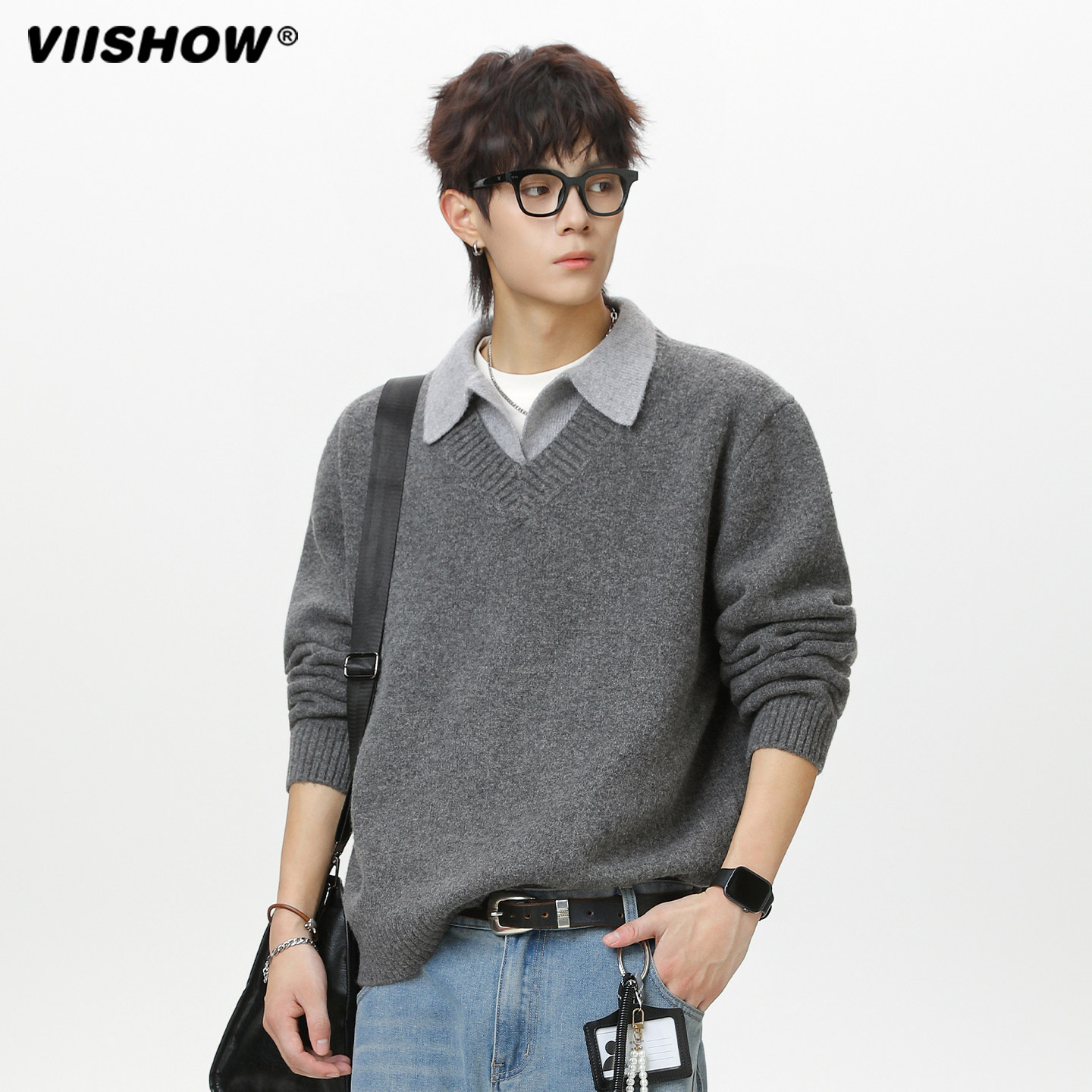 VIISHOW男女秋冬V领毛衣复古翻领polo针织衫长袖宽松男生保暖外套,男装,针织衫/毛衣,淘宝优惠券,粉丝福利购,淘宝优惠卷