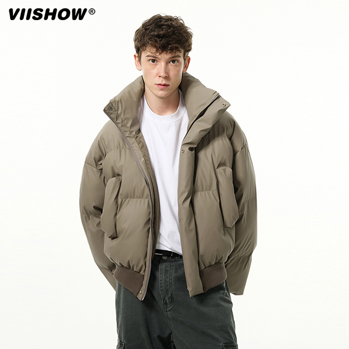 VIISHOW美式复古立领棉服男款冬季加厚保暖短款潮PU皮面包服外套