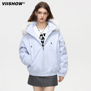 VIISHOW短款工装保暖棉服男女2025年冬新款加厚夹棉毛领棉衣外套