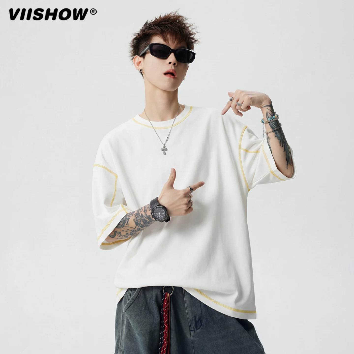 VIISHOW欧美嘻哈拼色辑明T恤