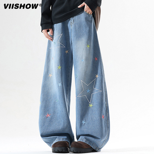 VIISHOW多巴胺星星刺绣弯刀牛仔裤男秋季复古阔腿裤宽松休闲裤子