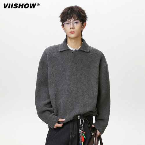 VIISHOW翻领POLO毛衣男秋2025新款老钱风加厚仿貂毛绒针织衫外套