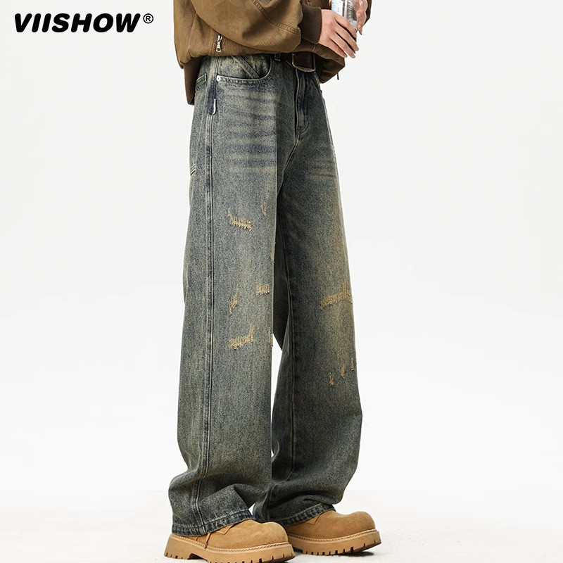 VIISHOW美式复古水洗做旧挖洞牛仔裤男潮牌高街阔腿裤vibe弯刀裤