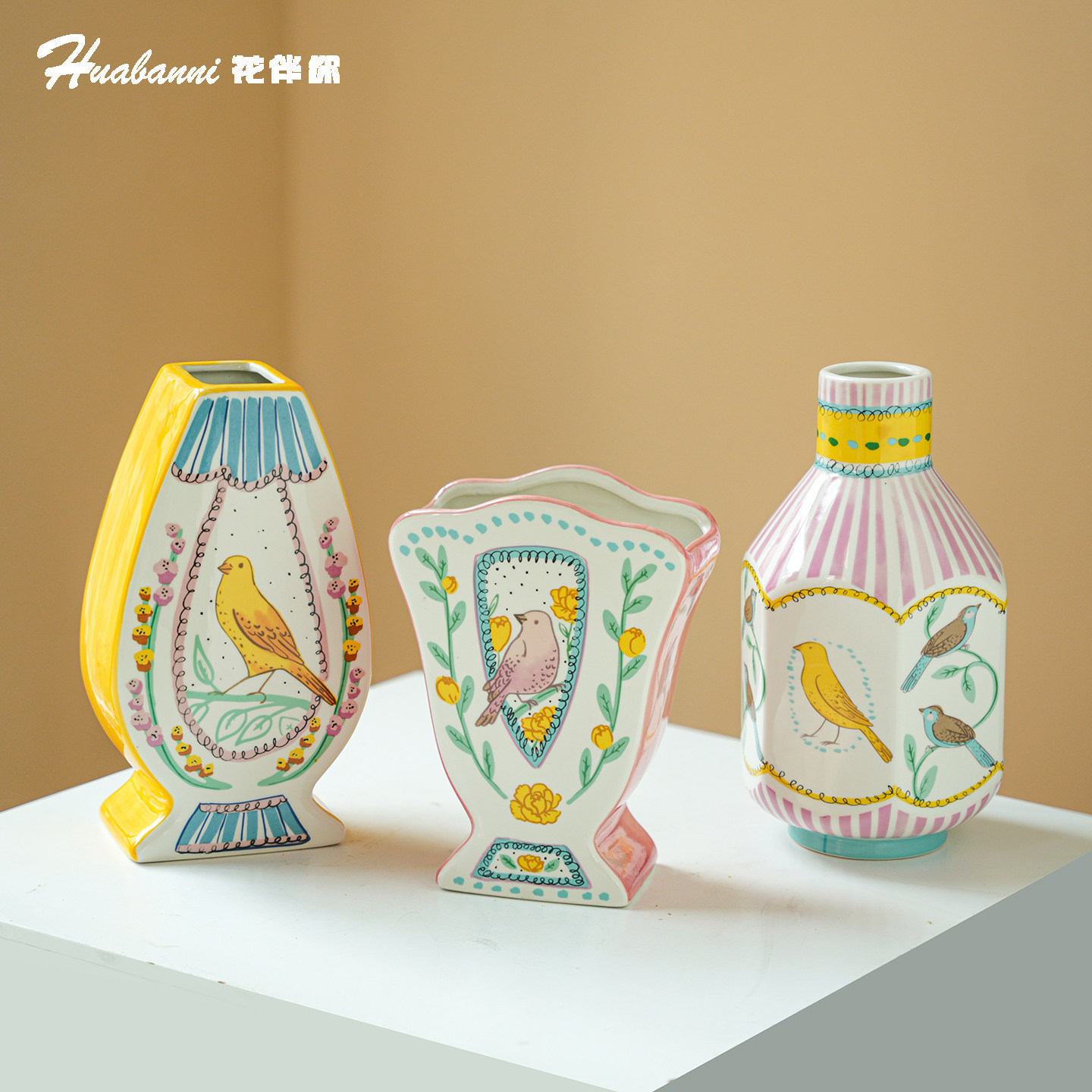 夜莺与玫瑰复古手绘桌面陶瓷花瓶彩色釉彩花器家居装饰摆件田园风