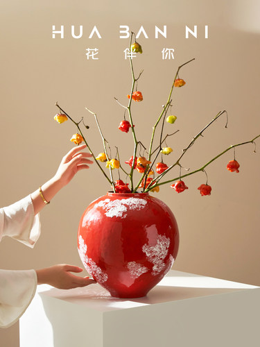 新中式陶瓷花瓶干花水培国潮风红色高级轻奢装饰摆件覆古陶罐装饰