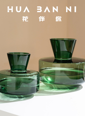 中古风墨绿色纯粹极简线条玻璃花瓶餐桌装饰高档插花水培摆件饰品