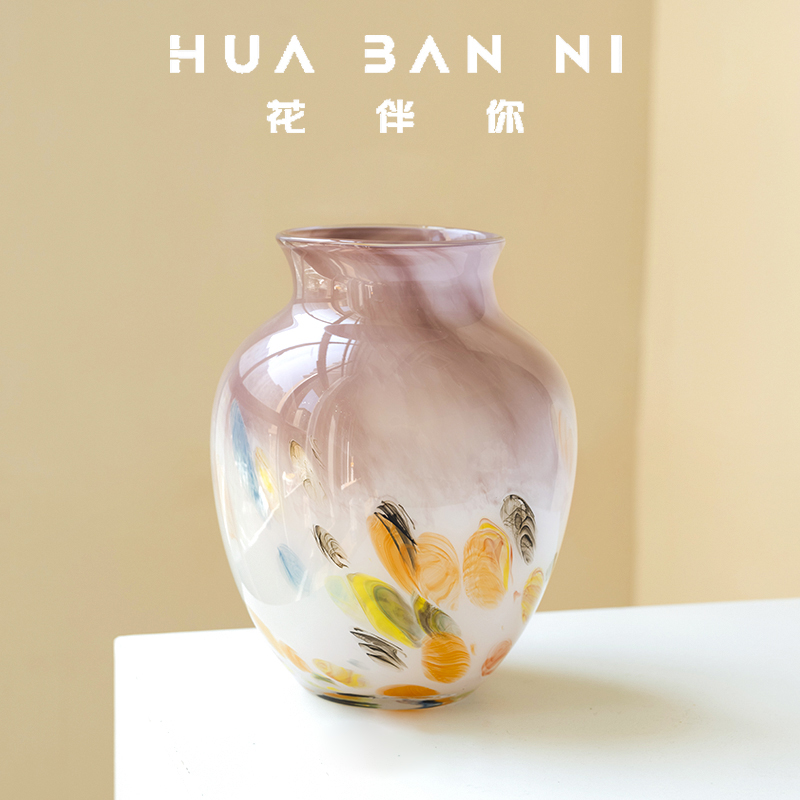 中古风彩色渐变波点琉璃花瓶法式高级感玄关客厅艺术花器玻璃摆件