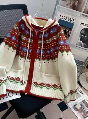 【恩佳专享】A289费尔岛风连帽拉链开衫毛衣宽松复古提花针织外套