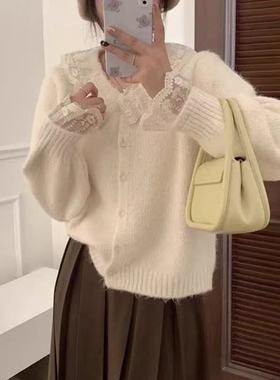 【甜甜圈专享】A290韩系甜美风蕾丝娃娃领针织开衫毛衣外套