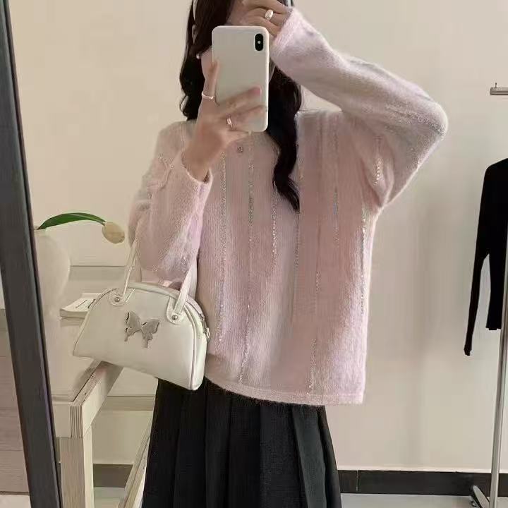 甜馨Tia专享A066彩条慵懒风宽松设计感套头上衣女显瘦针织衫