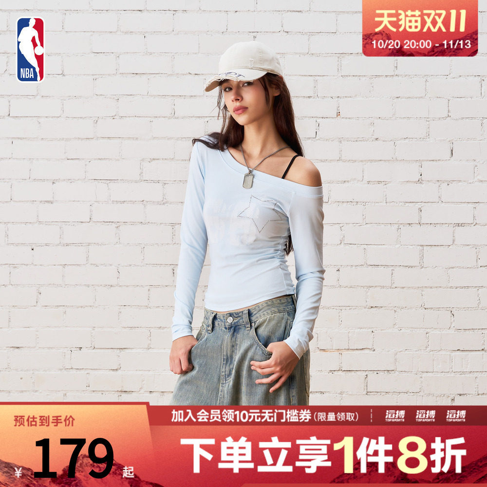 NBA女子款勇士球队斜肩长袖梭织运动休闲T恤