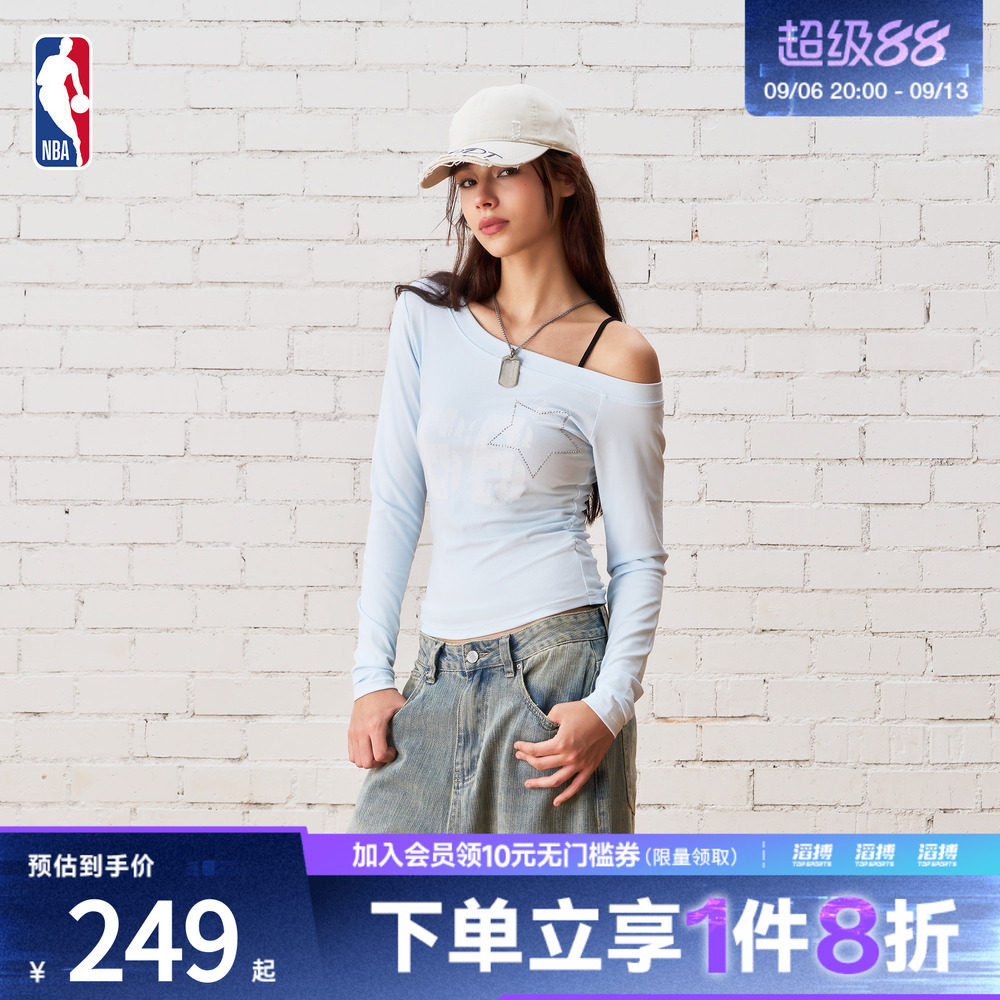 NBA女子款勇士球队斜肩长袖梭织运动休闲T恤