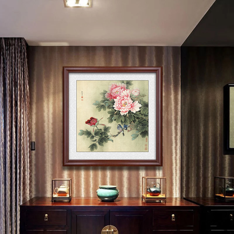 牡丹花装饰画f花开富贵国画玄关餐厅壁画中式客厅正方形背景墙挂图片