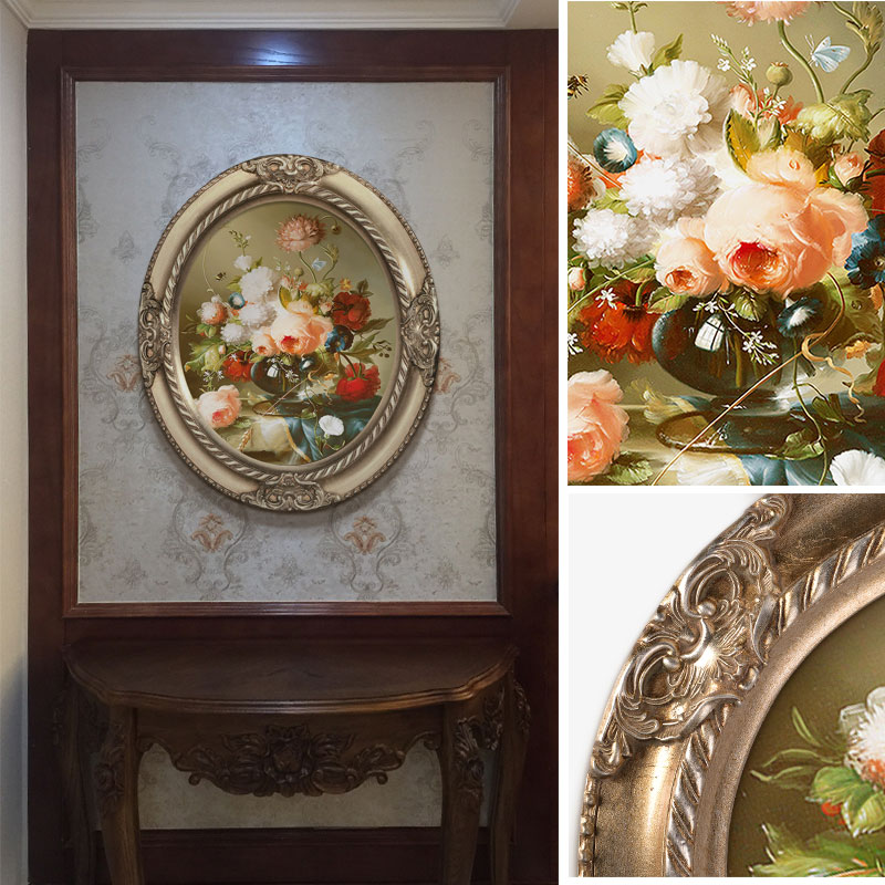 欧式古典花卉风景定制油画椭圆形壁画餐厅卧室玄R关装饰画手绘挂图片