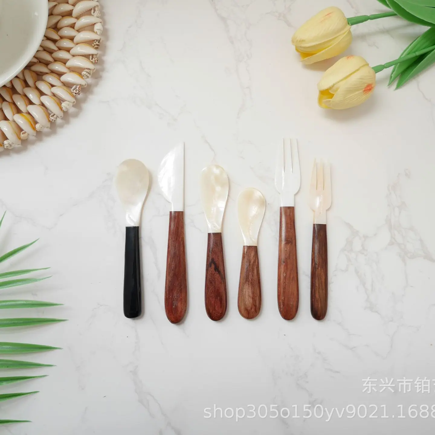 天然贝壳勺子花梨木柄勺水果叉子甜品勺咖啡勺鱼子酱勺