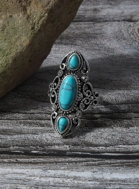 文艺复古美式宫廷风做旧指环女个性镶绿松石戒指百搭小众食指戒