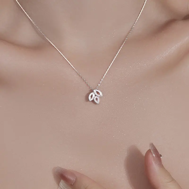 s925银轻奢满钻项链女高级感礼物橄榄叶吊坠锁骨链