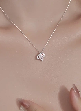 s925银轻奢满钻项链女高级感礼物橄榄叶吊坠锁骨链