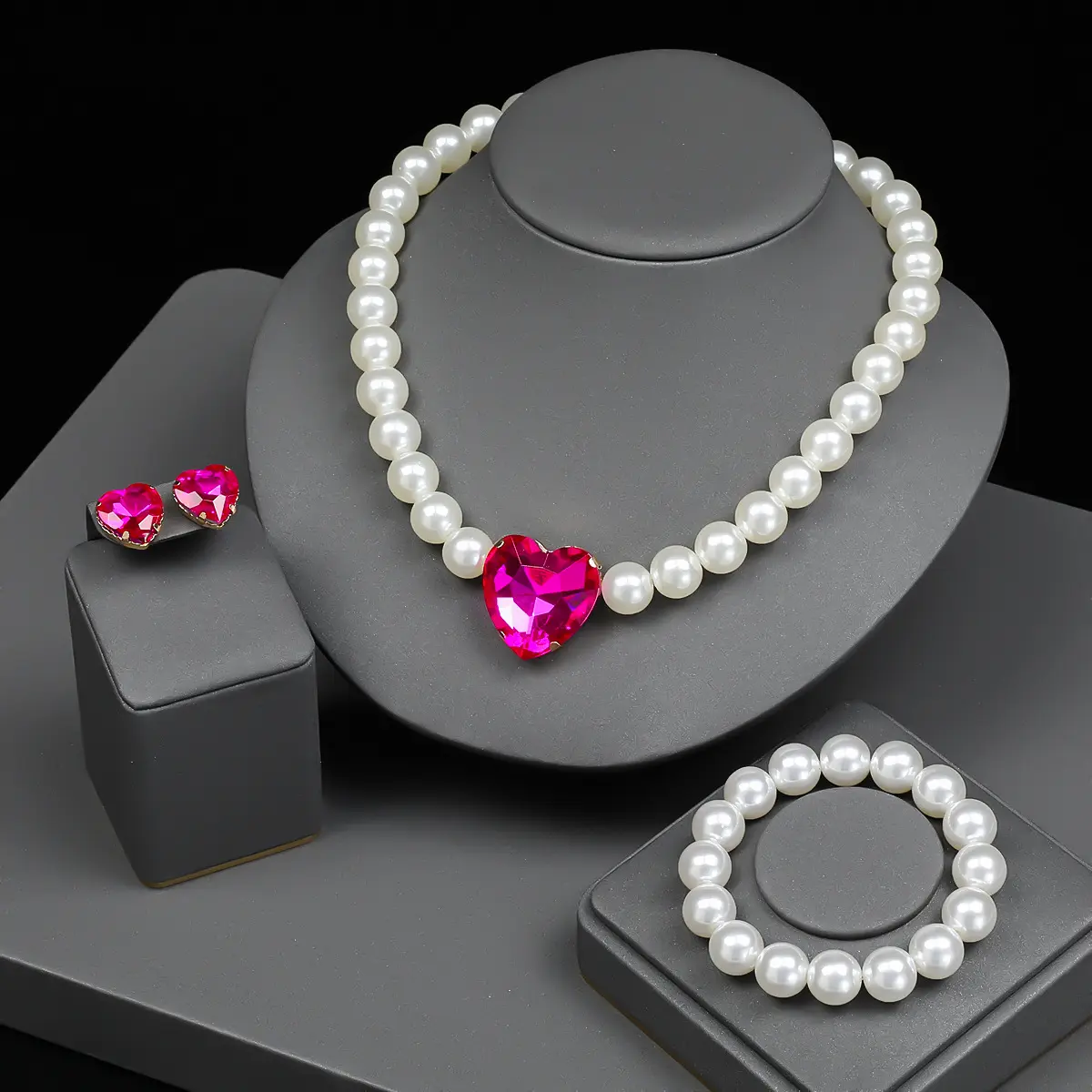 欧美简约风格爱心形耳环手链项链一套装珍珠婚纱配饰时尚首饰