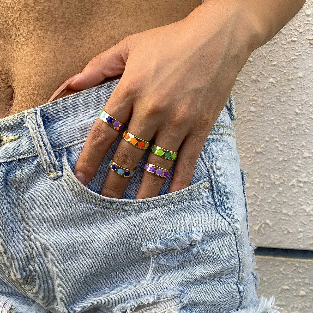 欧美饰品 甜酷龙色滴油桃心戒指 简约星形开口指环女