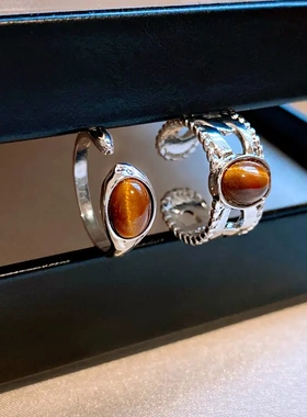 宽面麻花圆形树脂虎眼石开口戒指复古高级感食指戒子美拉德手饰女