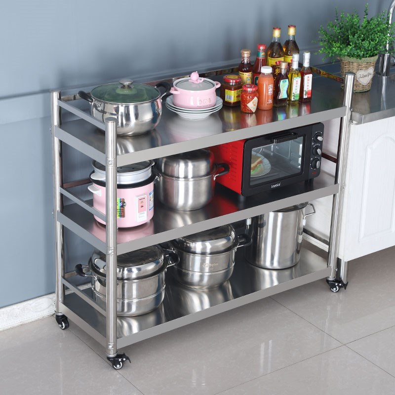 厨房不锈钢置物架微波炉架烤箱架可移动收纳架家用三层带围栏轮子