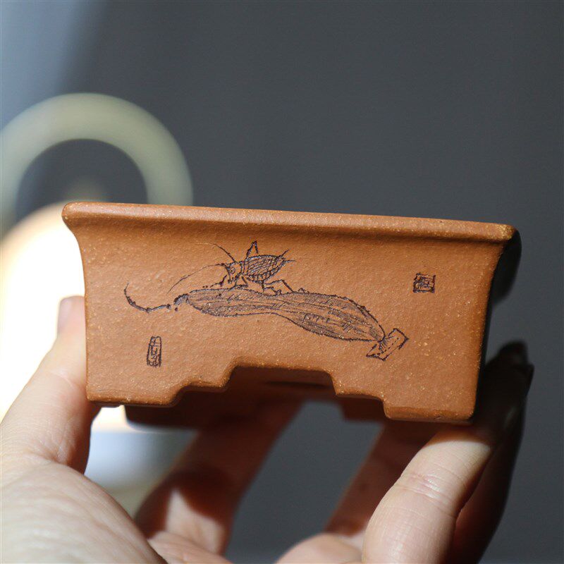 紫砂花盆长方形盆景盆刻绘手绘小盆桌面盆栽苏兵降坡泥手工盆古典