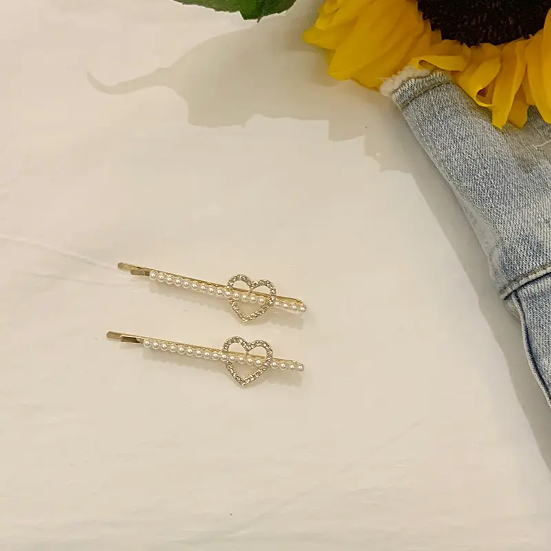 简约百搭爱心一字夹可爱镂空珍珠发卡碎发夹网红发夹韩国发饰品