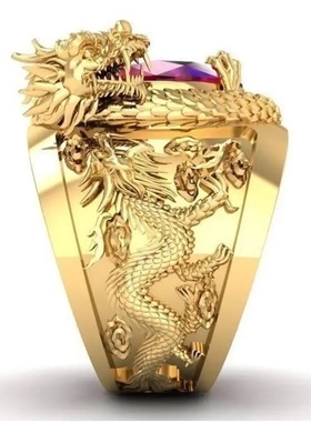 wish货源镀金色霸气龙镶嵌红宝石戒指欧美风流行时尚饰品