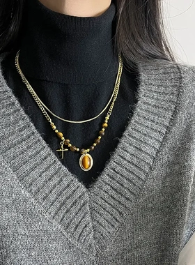 法式复古轻奢高级感虎眼石星星吊坠项链女时尚双层叠戴秋冬毛衣链