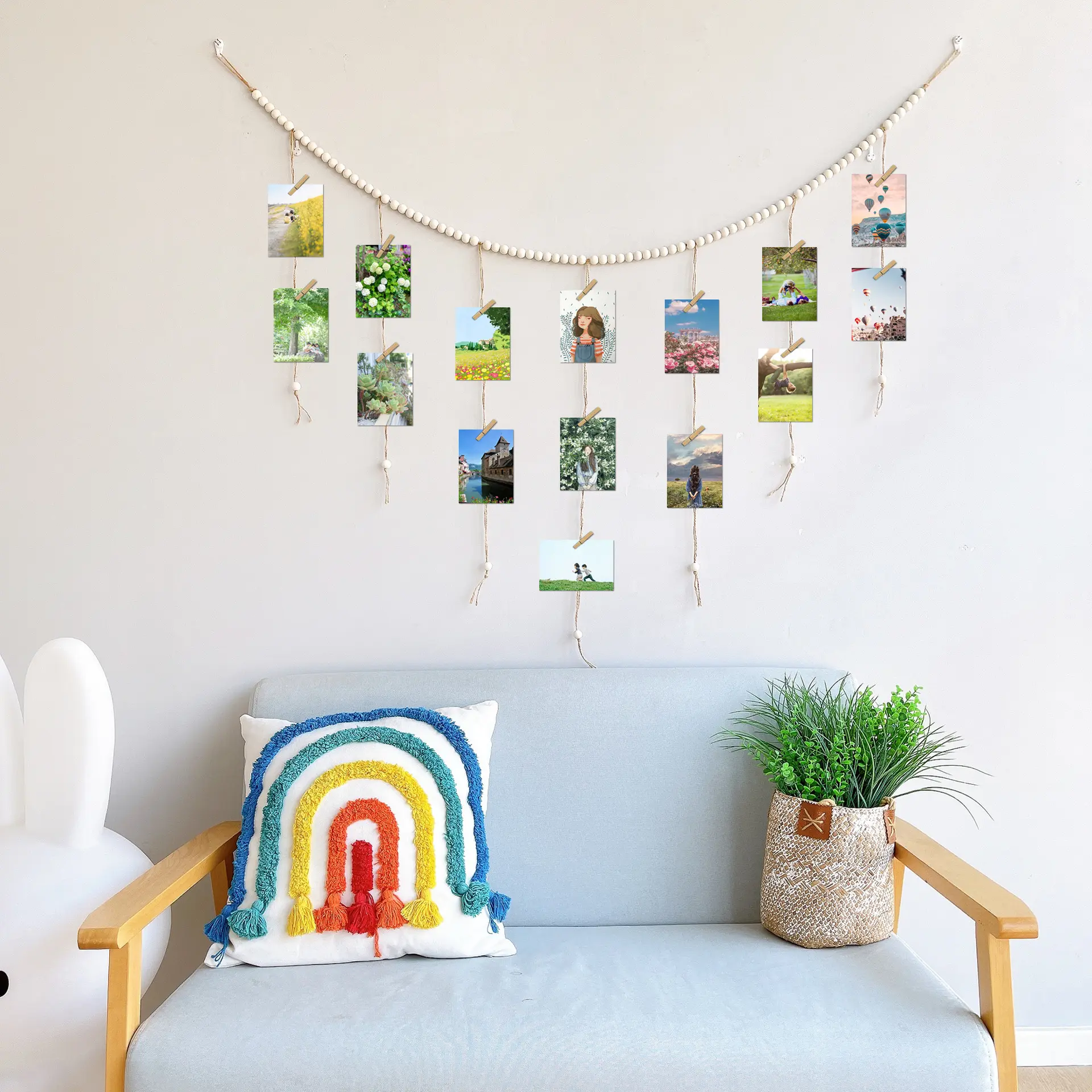 悬挂照片展示带原木色木珠串相片收纳流苏串麻绳珠串夹子家居装饰